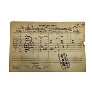 Vintage 1936 Purdue University Student Schedule Card Darwin Stout Ephemera